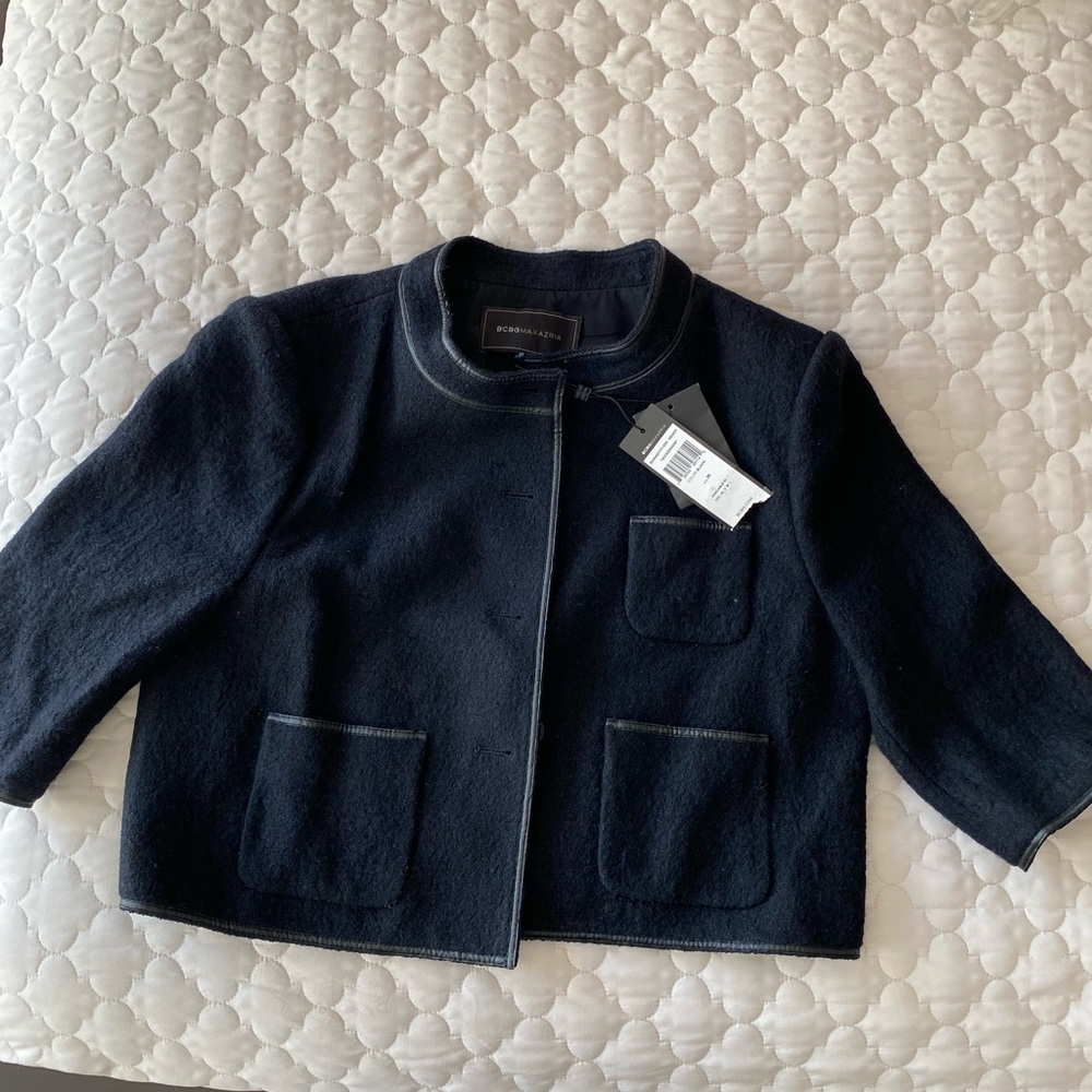 Crop wool and leather trim jacket